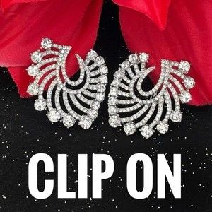Silver Rhinestone Fancy Formal Clip On Earrings